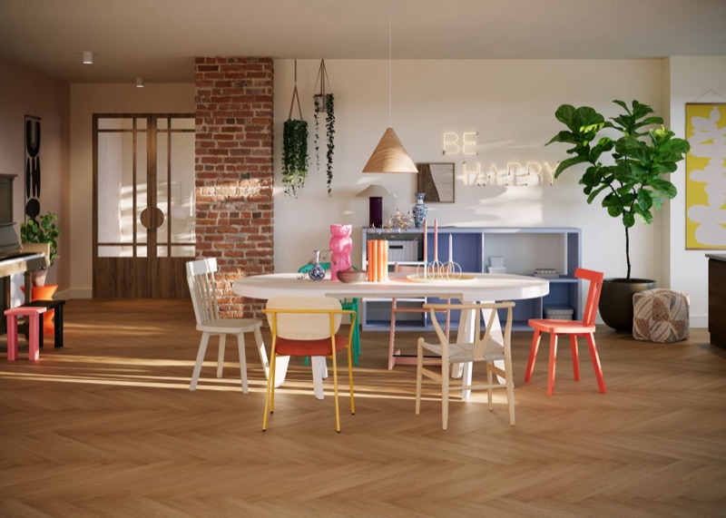 Saffier Funky Neon, kleurrijke eetkamer met neonlicht