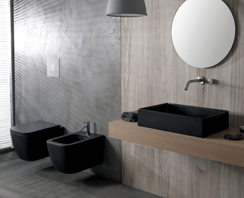 Scarabeo Teorema 2.0, wandhangend toilet, bidet en wastafel in mat zwart